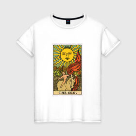 Женская футболка хлопок с принтом Аркан Солнце в Новосибирске, 100% хлопок | прямой крой, круглый вырез горловины, длина до линии бедер, слегка спущенное плечо | аркан | духовность | знания | мистика | оккультныезнаки | символы | солнце | старший | тайные | таро | эзотерика