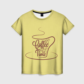 Женская футболка 3D с принтом Время пить кофе в Новосибирске, 100% полиэфир ( синтетическое хлопкоподобное полотно) | прямой крой, круглый вырез горловины, длина до линии бедер | время кофе | кофе | кофейная тема | кофейное настроение | настроение. | позитив | узоры