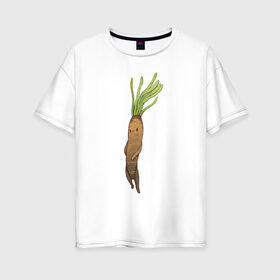 Женская футболка хлопок Oversize с принтом Сладкий корень в Новосибирске, 100% хлопок | свободный крой, круглый ворот, спущенный рукав, длина до линии бедер
 | арт | куфелька | мило | милота | овощ | овощи | рисунок | свежие овощи | свежий овощ | свежий продукт | скорцонера испанская | сладкий корень | чёрный корень
