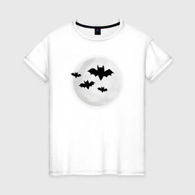 Женская футболка хлопок с принтом Halloween в Новосибирске, 100% хлопок | прямой крой, круглый вырез горловины, длина до линии бедер, слегка спущенное плечо | bat | bats | halloween | moon | летучии | луна | мыши | хэллоуин
