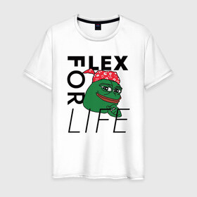 Мужская футболка хлопок с принтом FLEX FOR LIFE в Новосибирске, 100% хлопок | прямой крой, круглый вырез горловины, длина до линии бедер, слегка спущенное плечо. | flex | pepe | ricardo milos | лягушка | лягушонок | мем с лягушкой | мемас | пепе | пэпэ | рикардо милос | флекс | флех