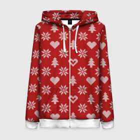 Женская толстовка 3D на молнии с принтом Красный рождественский свитер в Новосибирске, 100% полиэстер | длина до линии бедра, манжеты и пояс оформлены мягкой тканевой резинкой, двухслойный капюшон со шнурком для регулировки, спереди молния, по бокам два кармана | 