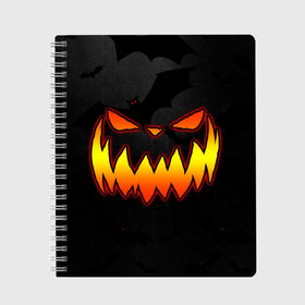 Тетрадь с принтом Pumpkin smile and bats в Новосибирске, 100% бумага | 48 листов, плотность листов — 60 г/м2, плотность картонной обложки — 250 г/м2. Листы скреплены сбоку удобной пружинной спиралью. Уголки страниц и обложки скругленные. Цвет линий — светло-серый
 | 2020 | bat | bats | face | halloween | mask | nightmare | pumpkin | scary | smile | smiling | летучая | лицо | маска | мыши | мышь | привидение | страшная | тыква | улыбка | хэлоуин