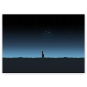 Поздравительная открытка с принтом ДРУГ ЧЕЛОВЕКА в Новосибирске, 100% бумага | плотность бумаги 280 г/м2, матовая, на обратной стороне линовка и место для марки
 | звезды | комета | космос | минимализм | небо | о жизни | собака с человеком | социальное