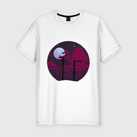 Мужская футболка хлопок Slim с принтом pixel night в Новосибирске, 92% хлопок, 8% лайкра | приталенный силуэт, круглый вырез ворота, длина до линии бедра, короткий рукав | pixel art | retro | vaporwave | луна | ночь | пиксель арт | ретро