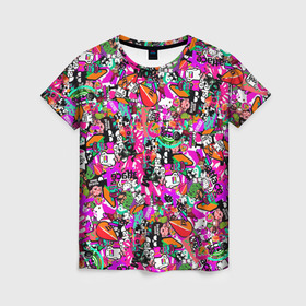 Женская футболка 3D с принтом $-tickers   в Новосибирске, 100% полиэфир ( синтетическое хлопкоподобное полотно) | прямой крой, круглый вырез горловины, длина до линии бедер | abstraction | background | colorful | jdm | sticker | stickers | style | texture | абстракция | наклейки | разноцветный | стикер | стиль | текстура | фон