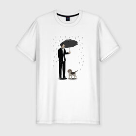 Мужская футболка хлопок Slim с принтом Под дождем в Новосибирске, 92% хлопок, 8% лайкра | приталенный силуэт, круглый вырез ворота, длина до линии бедра, короткий рукав | Тематика изображения на принте: beagle | бигль | джон уикместь | дождь | забота | защита животных | зонт | киану ривз | охрана | собака