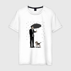 Мужская футболка хлопок с принтом Под дождем в Новосибирске, 100% хлопок | прямой крой, круглый вырез горловины, длина до линии бедер, слегка спущенное плечо. | beagle | бигль | джон уикместь | дождь | забота | защита животных | зонт | киану ривз | охрана | собака