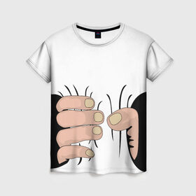 Женская футболка 3D с принтом Hand в Новосибирске, 100% полиэфир ( синтетическое хлопкоподобное полотно) | прямой крой, круглый вырез горловины, длина до линии бедер | hand | иллюстрация | обхват | прикол | руки | сжал | сжатие | юмор