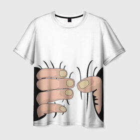 Мужская футболка 3D с принтом Hand в Новосибирске, 100% полиэфир | прямой крой, круглый вырез горловины, длина до линии бедер | hand | иллюстрация | обхват | прикол | руки | сжал | сжатие | юмор