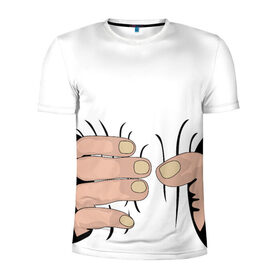 Мужская футболка 3D спортивная с принтом Hand в Новосибирске, 100% полиэстер с улучшенными характеристиками | приталенный силуэт, круглая горловина, широкие плечи, сужается к линии бедра | Тематика изображения на принте: hand | иллюстрация | обхват | прикол | руки | сжал | сжатие | юмор