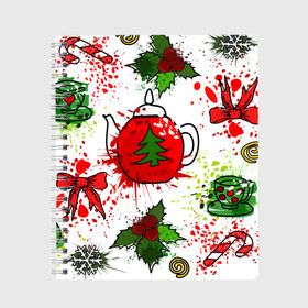 Тетрадь с принтом Новогоднее чаепитие и чайник в Новосибирске, 100% бумага | 48 листов, плотность листов — 60 г/м2, плотность картонной обложки — 250 г/м2. Листы скреплены сбоку удобной пружинной спиралью. Уголки страниц и обложки скругленные. Цвет линий — светло-серый
 | арт | белая | еда | новогодняя | новый год | поздравление | прикол | рождество | скетч | чай | чайная церемония | чайник | чашка | чашки | юмор