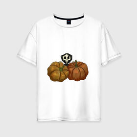 Женская футболка хлопок Oversize с принтом Тыковки в Новосибирске, 100% хлопок | свободный крой, круглый ворот, спущенный рукав, длина до линии бедер
 | жнец | рисунок | скелет | тыквы | хэллоуин | череп
