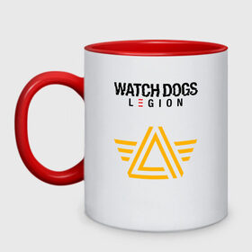 Кружка двухцветная с принтом ЧВК Watch Dogs Legion в Новосибирске, керамика | объем — 330 мл, диаметр — 80 мм. Цветная ручка и кайма сверху, в некоторых цветах — вся внутренняя часть | action | action adventure | game watch dogs | legion | watch dogs | watch dogs legion | ватч догз легион | ватч догс | знак чвк | игра watch dogs | клан | кланы | легион | лого | логотип | логотип watch dogs | лондон | надпись | хакер | час