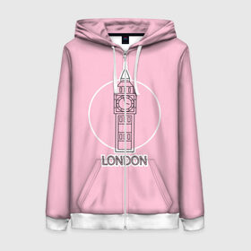 Женская толстовка 3D на молнии с принтом Биг Бен, Лондон, London в Новосибирске, 100% полиэстер | длина до линии бедра, манжеты и пояс оформлены мягкой тканевой резинкой, двухслойный капюшон со шнурком для регулировки, спереди молния, по бокам два кармана | big ben | clock | england | europe | london | pink | travel | англия | башня | башня елизаветы | биг бен | великобритания | европа | иконка | круг | лондон | надпись | путешествия | розовый | символ | часы
