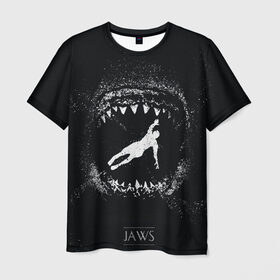 Мужская футболка 3D с принтом Челюсти JAWS в Новосибирске, 100% полиэфир | прямой крой, круглый вырез горловины, длина до линии бедер | Тематика изображения на принте: 2020 | shark | sharks | акула | акулы | зубы | клыки | мегаладон | меголадон | пиранья | про | фильм | фильм про акул | фильм челюсти | хеллоуин | хэллоуин | челюсти