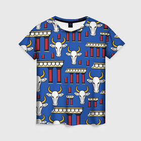 Женская футболка 3D с принтом БЕЛЫЙ БЫК. СИМВОЛ 2021 ГОДА в Новосибирске, 100% полиэфир ( синтетическое хлопкоподобное полотно) | прямой крой, круглый вырез горловины, длина до линии бедер | белый бык | бык | год быка | греция | символ 2021 | ярко синий