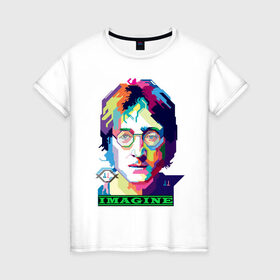 Женская футболка хлопок с принтом John Lennon Imagine в Новосибирске, 100% хлопок | прямой крой, круглый вырез горловины, длина до линии бедер, слегка спущенное плечо | beatles | imagine | john | lennon | the beatles | битлз | битлы | группа | джон | купить | леннон | леннона | очки | рок н ролл | с группы | хиппи