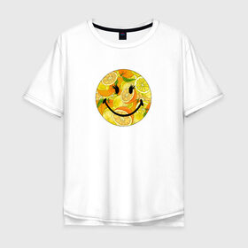 Мужская футболка хлопок Oversize с принтом Смайлик с цитрусами в Новосибирске, 100% хлопок | свободный крой, круглый ворот, “спинка” длиннее передней части | апельсин | апельсинки | весёлый | детский | жара | желтый | женский | зелёный | лаймы | летний | лето | лимон | лимоны | оранжевый | отдых | пляж | подростковый | прикол | прикольный | радость | ребёнок