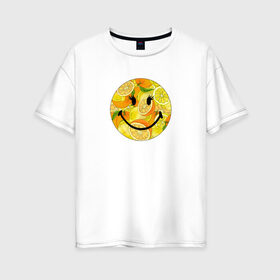 Женская футболка хлопок Oversize с принтом Смайлик с цитрусами в Новосибирске, 100% хлопок | свободный крой, круглый ворот, спущенный рукав, длина до линии бедер
 | апельсин | апельсинки | весёлый | детский | жара | желтый | женский | зелёный | лаймы | летний | лето | лимон | лимоны | оранжевый | отдых | пляж | подростковый | прикол | прикольный | радость | ребёнок