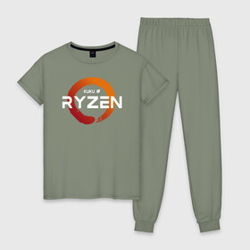 Женская пижама хлопок с принтом Kuku Ryzen v.2 в Новосибирске, 100% хлопок | брюки и футболка прямого кроя, без карманов, на брюках мягкая резинка на поясе и по низу штанин | amd | amd ryzen | cpu | intel | kukuryzen | radeon | ryzen | zen | кукурузен | процессор | райзен | рузен | рязань | цпу