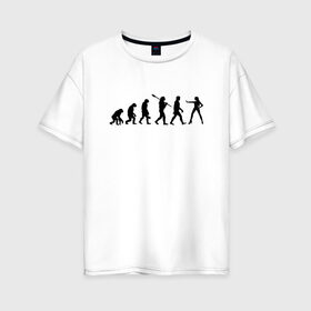 Женская футболка хлопок Oversize с принтом Эволюция. в Новосибирске, 100% хлопок | свободный крой, круглый ворот, спущенный рукав, длина до линии бедер
 | баба | девишник | девочка | девушка | деградация | женщина | каблуки | люди | мужик | мужчина | обезьяна | пацан | подругам | прикол | приматы | рисунок | рука | силуэт | силуэты | стоп | феминизм