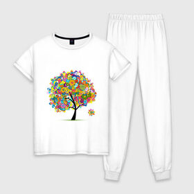 Женская пижама хлопок с принтом Flower tree в Новосибирске, 100% хлопок | брюки и футболка прямого кроя, без карманов, на брюках мягкая резинка на поясе и по низу штанин | девушкам | дерево | зелень | листок | орнамент | цветы