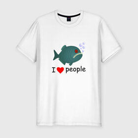 Мужская футболка хлопок Slim с принтом Добрая пиранья в Новосибирске, 92% хлопок, 8% лайкра | приталенный силуэт, круглый вырез ворота, длина до линии бедра, короткий рукав | i love people | piranha | акула | амазонка | вода | зубастик | клыки | кровь | монстр | пиранья | природа | река | рыба | стая | хищник | циник | циничный | черный юмор | юмор | я люблю людей