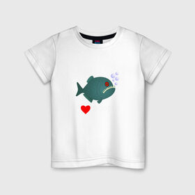 Детская футболка хлопок с принтом Добрая пиранья в Новосибирске, 100% хлопок | круглый вырез горловины, полуприлегающий силуэт, длина до линии бедер | Тематика изображения на принте: piranha | акула | амазонка | вода | зубастик | клыки | кровь | монстр | пиранья | природа | река | рыба | стая | хищник | циник | циничный | юмор