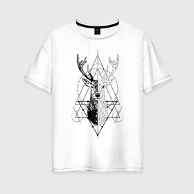Женская футболка хлопок Oversize с принтом Polygonal deer в Новосибирске, 100% хлопок | свободный крой, круглый ворот, спущенный рукав, длина до линии бедер
 | animals | black | circles | deer | drawing | forest | geometric | low poly | poly | silhouette | tattoo | triangles | wild | белый | геометрический | дикий | животные | звери | зверь | контур | круги | лес | лесной | мужской | олени | олень | полигональны