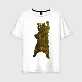 Женская футболка хлопок Oversize с принтом Wild bear в Новосибирске, 100% хлопок | свободный крой, круглый ворот, спущенный рукав, длина до линии бедер
 | angry | bear | claws | forest | photo | silhouette | standing | wild | wood | wooden | белый | бурый | в лесу | гризли | деревья | дикий | животные | зверь | злой | когти | крутой | лапа | лес | лесной | лучи | медведь | медвежонок | мишка