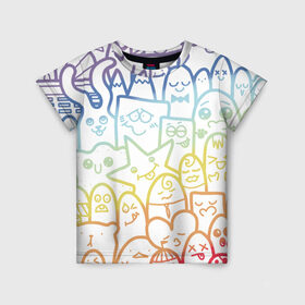 Детская футболка 3D с принтом Радужные дудлы в Новосибирске, 100% гипоаллергенный полиэфир | прямой крой, круглый вырез горловины, длина до линии бедер, чуть спущенное плечо, ткань немного тянется | doodle | горы | динозавр | дудл | жираф | заяц | звезда | карандаш | лапки | медведь | облако | птица | радуга | сердце | телевизор | улыбка | утёнок