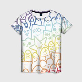 Женская футболка 3D с принтом Радужные дудлы в Новосибирске, 100% полиэфир ( синтетическое хлопкоподобное полотно) | прямой крой, круглый вырез горловины, длина до линии бедер | doodle | горы | динозавр | дудл | жираф | заяц | звезда | карандаш | лапки | медведь | облако | птица | радуга | сердце | телевизор | улыбка | утёнок
