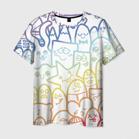 Мужская футболка 3D с принтом Радужные дудлы в Новосибирске, 100% полиэфир | прямой крой, круглый вырез горловины, длина до линии бедер | doodle | горы | динозавр | дудл | жираф | заяц | звезда | карандаш | лапки | медведь | облако | птица | радуга | сердце | телевизор | улыбка | утёнок