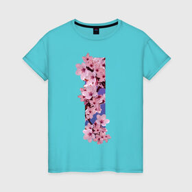 Женская футболка хлопок с принтом Ветви сакуры в Новосибирске, 100% хлопок | прямой крой, круглый вырез горловины, длина до линии бедер, слегка спущенное плечо | ветви | градиент | лепестки | полоса | розовый | сакура | темно синий | фиолетовый