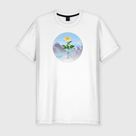 Мужская футболка хлопок Slim с принтом Пион и лента в Новосибирске, 92% хлопок, 8% лайкра | приталенный силуэт, круглый вырез ворота, длина до линии бедра, короткий рукав | Тематика изображения на принте: горы | гусу лань | ланьлин цзинь | пион | сияние средь снегов | цветок