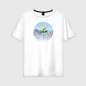 Женская футболка хлопок Oversize с принтом Пион и лента в Новосибирске, 100% хлопок | свободный крой, круглый ворот, спущенный рукав, длина до линии бедер
 | горы | гусу лань | ланьлин цзинь | пион | сияние средь снегов | цветок