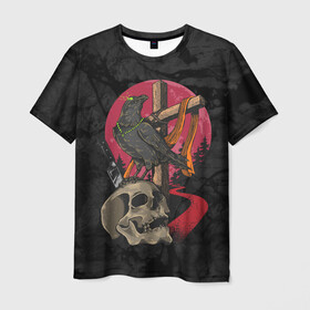 Мужская футболка 3D с принтом Ворона и череп в Новосибирске, 100% полиэфир | прямой крой, круглый вырез горловины, длина до линии бедер | blood | diablo | haloween | horror | дьявол | зомби | кости | кровь | мозги | мясо | страшилка | ужасы | хеллоуин | хелоуин