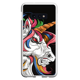 Чехол для Samsung S10E с принтом Evil unicorn в Новосибирске, Силикон | Область печати: задняя сторона чехла, без боковых панелей | Тематика изображения на принте: black | blue | evil | evil unicorn | green yellow | horn | horse | multicolored | pink | red | white | белый | зеленый желтый | зло | злой единорог | конь | красный | лошадь | разноцветный | рог | розовый | синий | черный