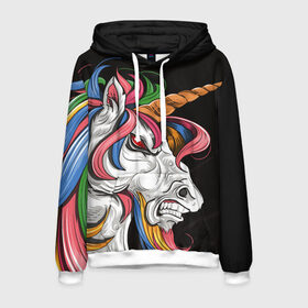 Мужская толстовка 3D с принтом Evil unicorn в Новосибирске, 100% полиэстер | двухслойный капюшон со шнурком для регулировки, мягкие манжеты на рукавах и по низу толстовки, спереди карман-кенгуру с мягким внутренним слоем. | Тематика изображения на принте: black | blue | evil | evil unicorn | green yellow | horn | horse | multicolored | pink | red | white | белый | зеленый желтый | зло | злой единорог | конь | красный | лошадь | разноцветный | рог | розовый | синий | черный