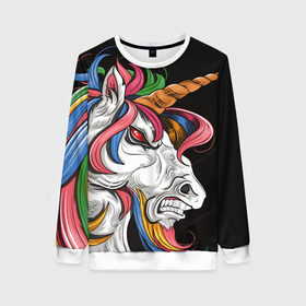Женский свитшот 3D с принтом Evil unicorn в Новосибирске, 100% полиэстер с мягким внутренним слоем | круглый вырез горловины, мягкая резинка на манжетах и поясе, свободная посадка по фигуре | black | blue | evil | evil unicorn | green yellow | horn | horse | multicolored | pink | red | white | белый | зеленый желтый | зло | злой единорог | конь | красный | лошадь | разноцветный | рог | розовый | синий | черный