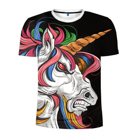 Мужская футболка 3D спортивная с принтом Evil unicorn в Новосибирске, 100% полиэстер с улучшенными характеристиками | приталенный силуэт, круглая горловина, широкие плечи, сужается к линии бедра | black | blue | evil | evil unicorn | green yellow | horn | horse | multicolored | pink | red | white | белый | зеленый желтый | зло | злой единорог | конь | красный | лошадь | разноцветный | рог | розовый | синий | черный