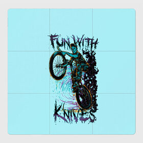 Магнитный плакат 3Х3 с принтом Забава с ножами в Новосибирске, Полимерный материал с магнитным слоем | 9 деталей размером 9*9 см | Тематика изображения на принте: велосипеды | велоспорт | забавы с ножами | кислота. | ножи | экстремальный спорт | экстрим