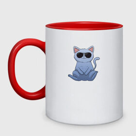 Кружка двухцветная с принтом Blue Cat в Новосибирске, керамика | объем — 330 мл, диаметр — 80 мм. Цветная ручка и кайма сверху, в некоторых цветах — вся внутренняя часть | домашний | животные | звери | киса | киска | кот | котенок | котэ | котя | кошка | крутой | лапочка | милый | мимими | модный | очки | синий | хороший