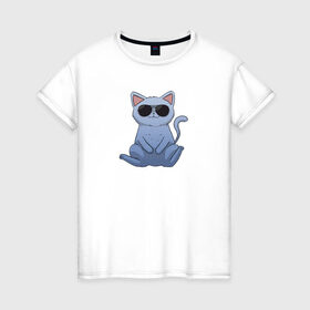 Женская футболка хлопок с принтом Blue Cat в Новосибирске, 100% хлопок | прямой крой, круглый вырез горловины, длина до линии бедер, слегка спущенное плечо | домашний | животные | звери | киса | киска | кот | котенок | котэ | котя | кошка | крутой | лапочка | милый | мимими | модный | очки | синий | хороший