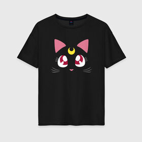 Женская футболка хлопок Oversize с принтом Luna Cat. Sailor Moon в Новосибирске, 100% хлопок | свободный крой, круглый ворот, спущенный рукав, длина до линии бедер
 | anime | cute | аниме | взгляд | волшебство | глаза | киса | киска | кот | котенок | котэ | котя | кошка | лапочка | луна | магия | месяц | милый | мимими | мордочка | сейлор мун | хороший | япония