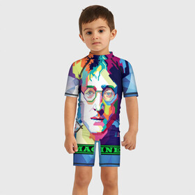 Детский купальный костюм 3D с принтом Джон Леннон Imagine в Новосибирске, Полиэстер 85%, Спандекс 15% | застежка на молнии на спине | beatles | imagine | john | lennon | the beatles | битлз | битлы | группа | джон | купить | леннон | леннона | очки | рок н ролл | с группы | хиппи