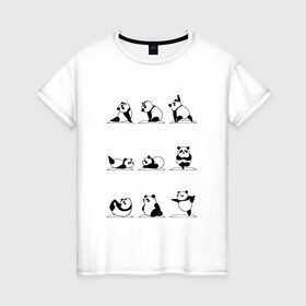 Женская футболка хлопок с принтом Панда занимается йогой в Новосибирске, 100% хлопок | прямой крой, круглый вырез горловины, длина до линии бедер, слегка спущенное плечо | ега | йога | йога и фитнес | карамель | кунг фу | кунг фу панда | панда | пандора | панды | по | с пандами | с пандой | фитнес