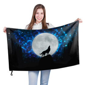 Флаг 3D с принтом Волк воющий на луну в Новосибирске, 100% полиэстер | плотность ткани — 95 г/м2, размер — 67 х 109 см. Принт наносится с одной стороны | wolf | волк | волки | волчица | животные | одинокий волк
