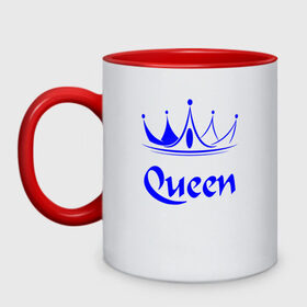 Кружка двухцветная с принтом Queen в Новосибирске, керамика | объем — 330 мл, диаметр — 80 мм. Цветная ручка и кайма сверху, в некоторых цветах — вся внутренняя часть | blue crown | crown | crown print | queen | queen lettering | queen print | королева | корона | надпись королева | принт королева | принт короны | синяя корона
